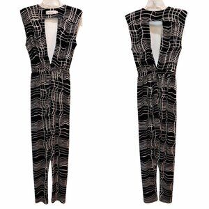 T-Bags Los Angeles Small Black White Plaid Sleeveless Deep V Neck Jumpsuit